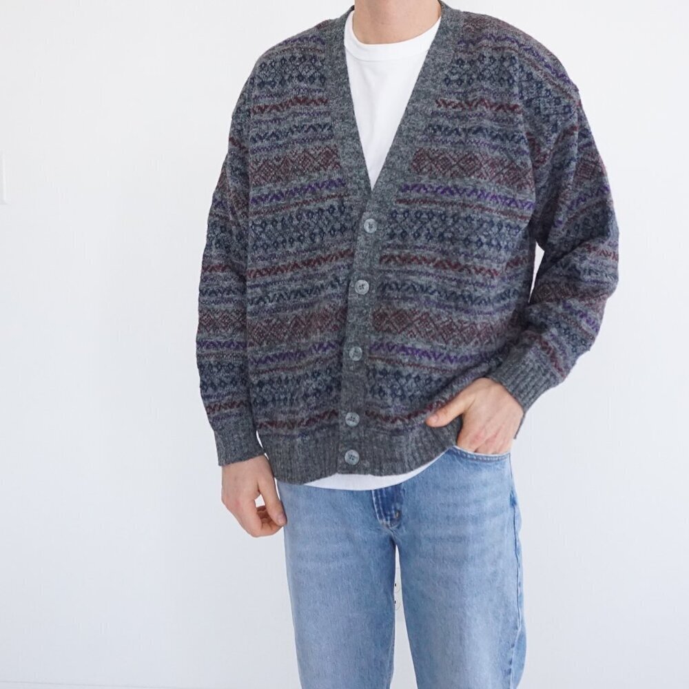 Seven Oaks Canada Grey Nordic Fair Isle Heritage Textured Button Knit Sweater XL